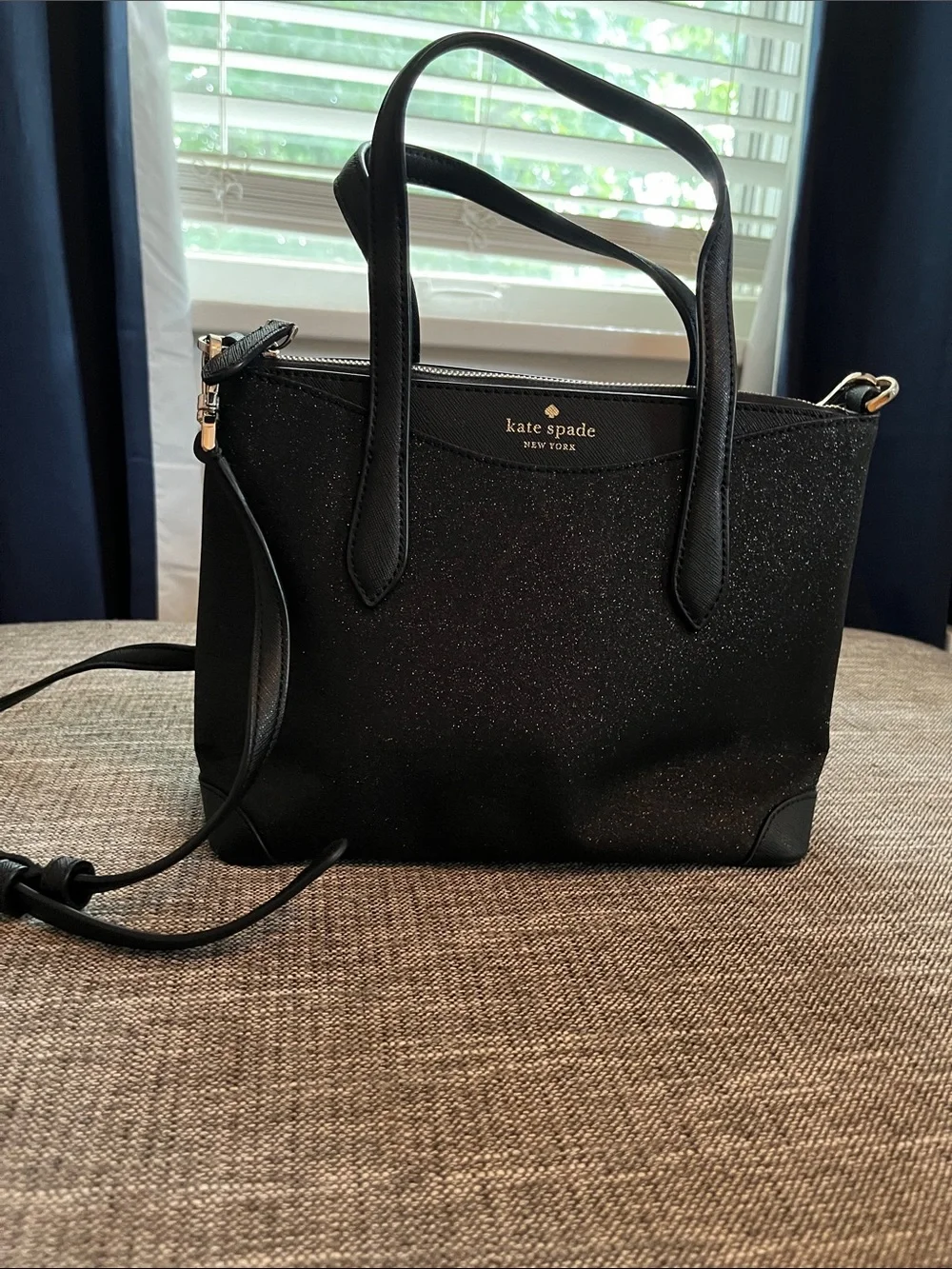 kate spade black glitter shoulder tote with detachable strap